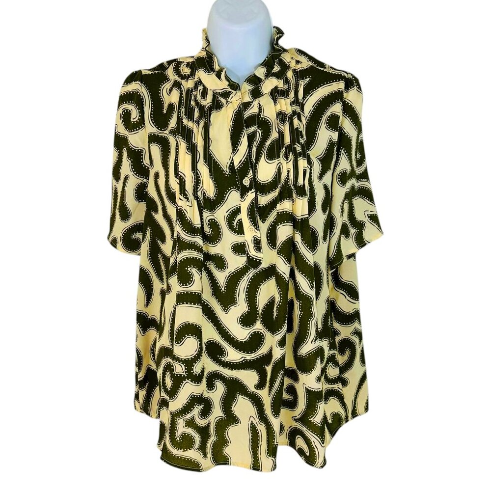 T Tahari Women's Size L Scrolls Print Short Sleeve Green Ivory Blouse NEW
